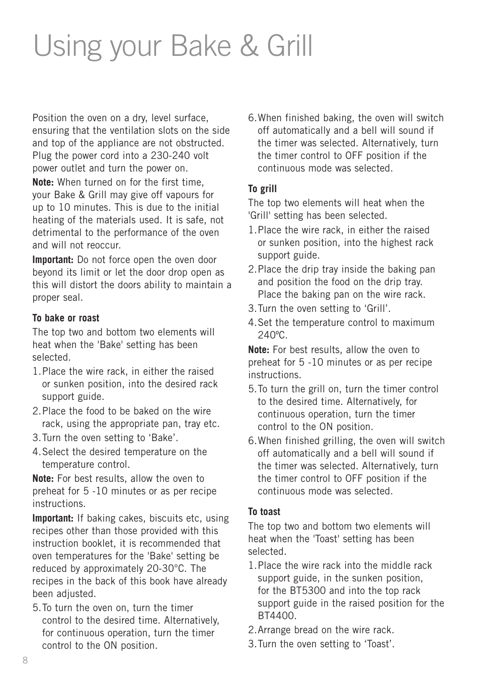 Using your bake & grill | Sunbeam BT4400 User Manual | Page 10 / 24
