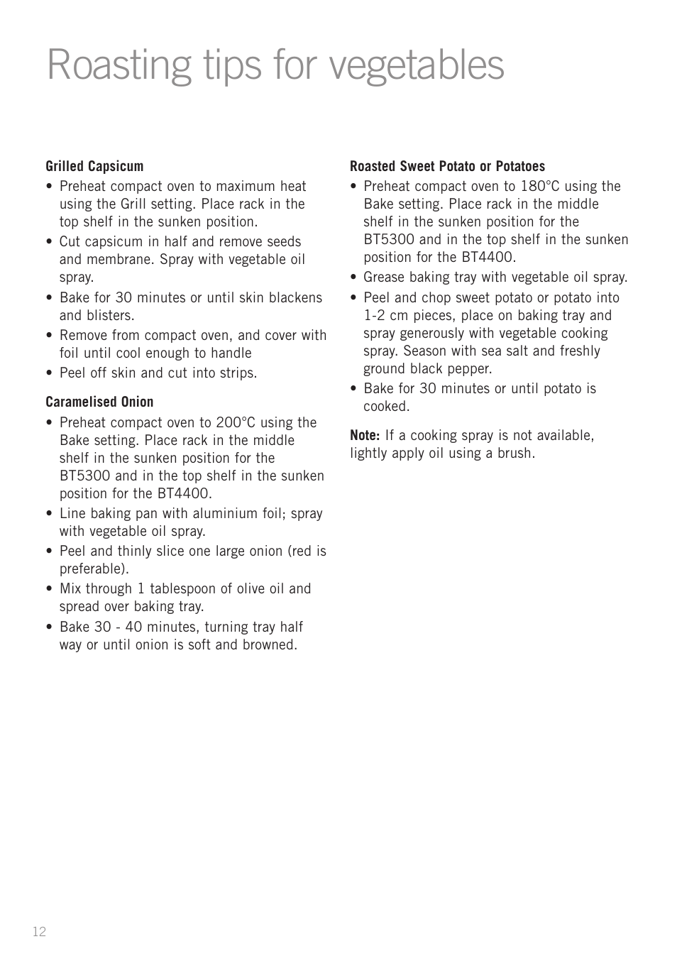 Roasting tips for vegetables | Sunbeam BT4400 User Manual | Page 14 / 24