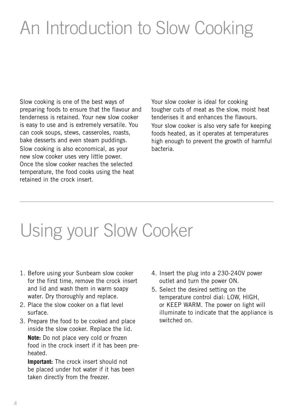 An introduction to slow cooking, Using your slow cooker | Sunbeam HP3510 User Manual | Page 6 / 24