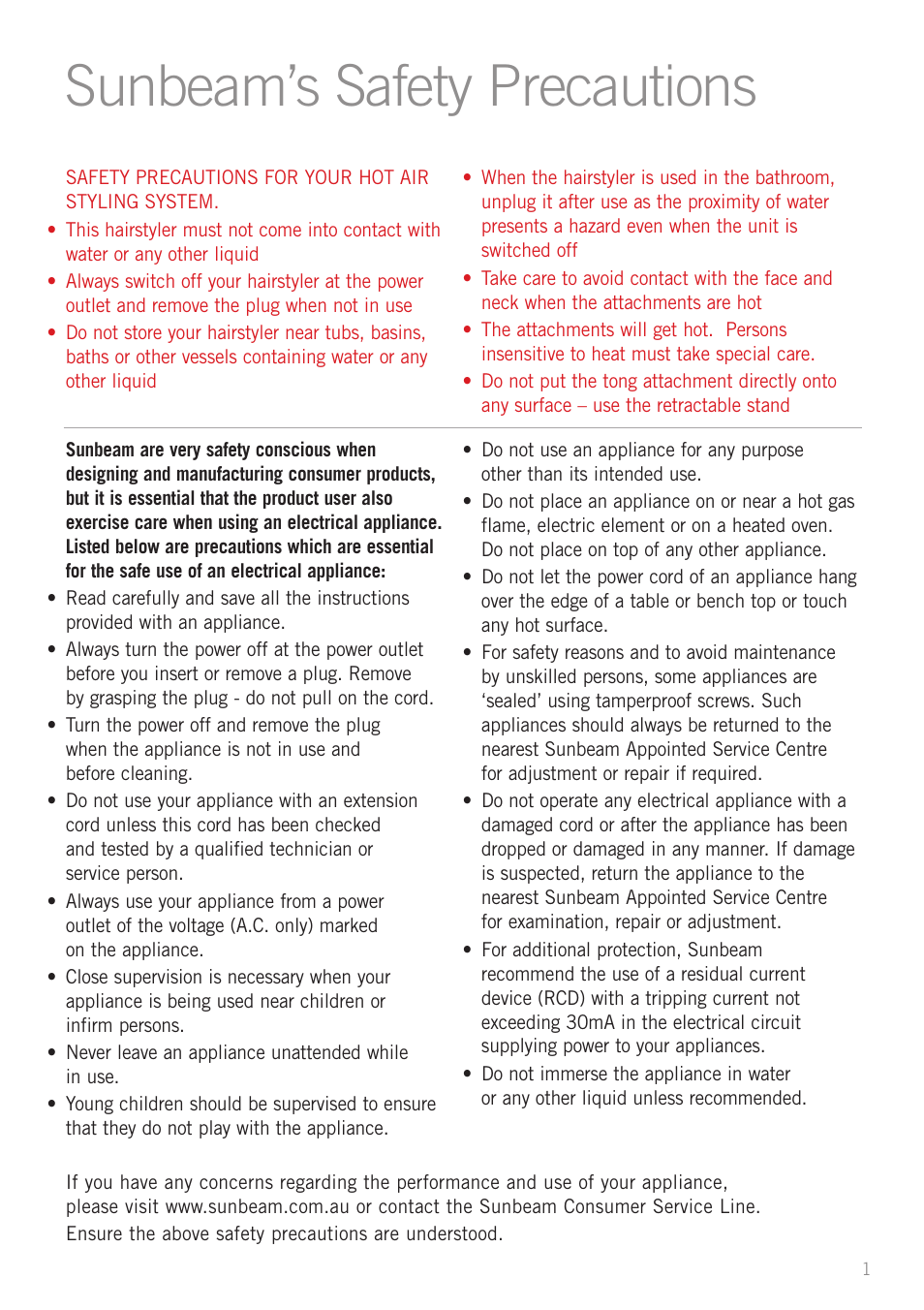 Sunbeam’s safety precautions | Sunbeam HS6600 User Manual | Page 3 / 12