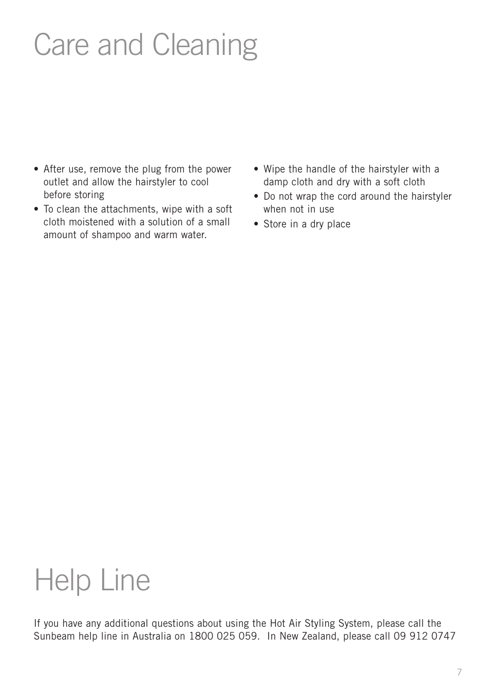 Care and cleaning, Help line | Sunbeam HS6600 User Manual | Page 9 / 12