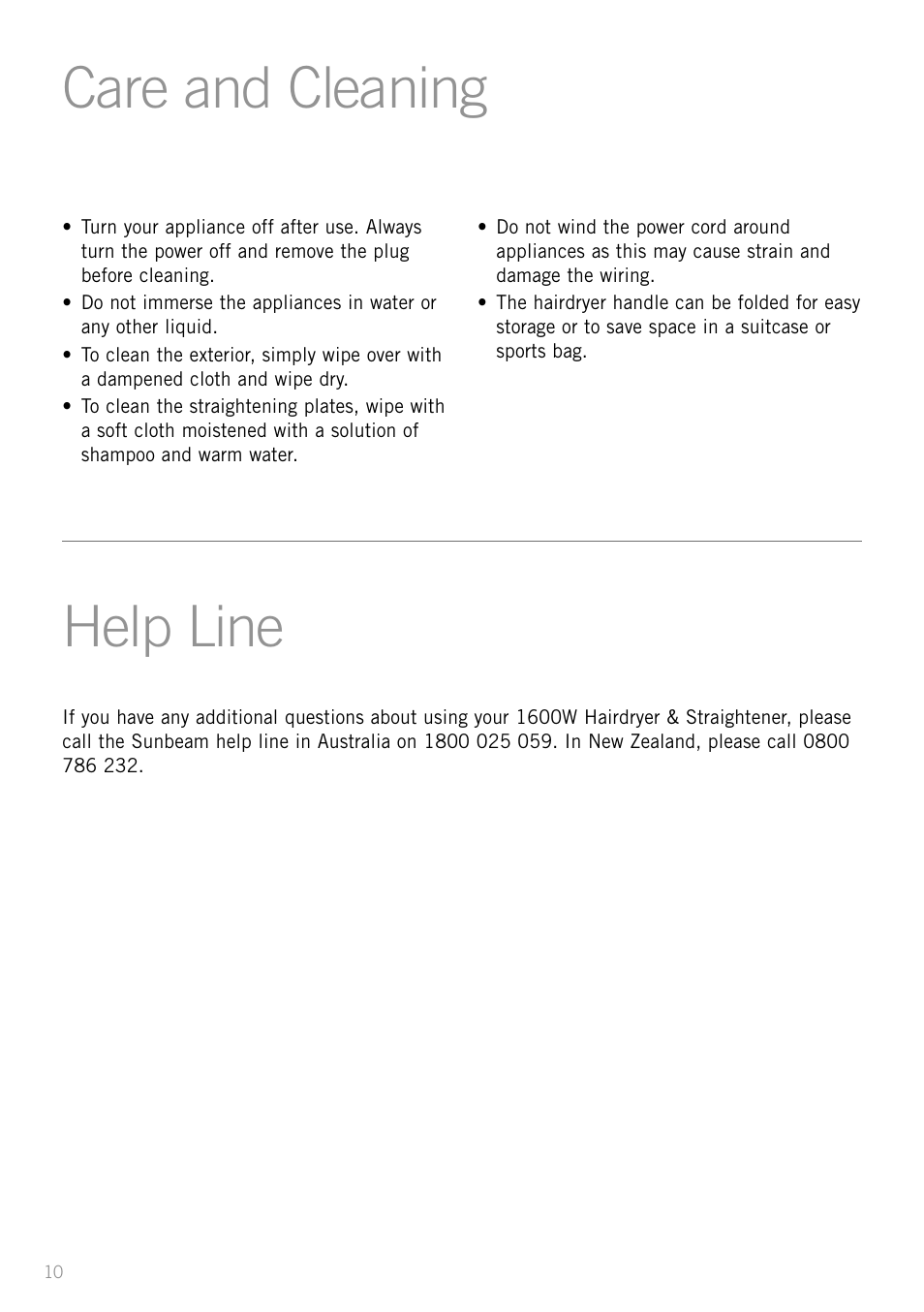 Care and cleaning, Help line | Sunbeam PU4800 User Manual | Page 10 / 12