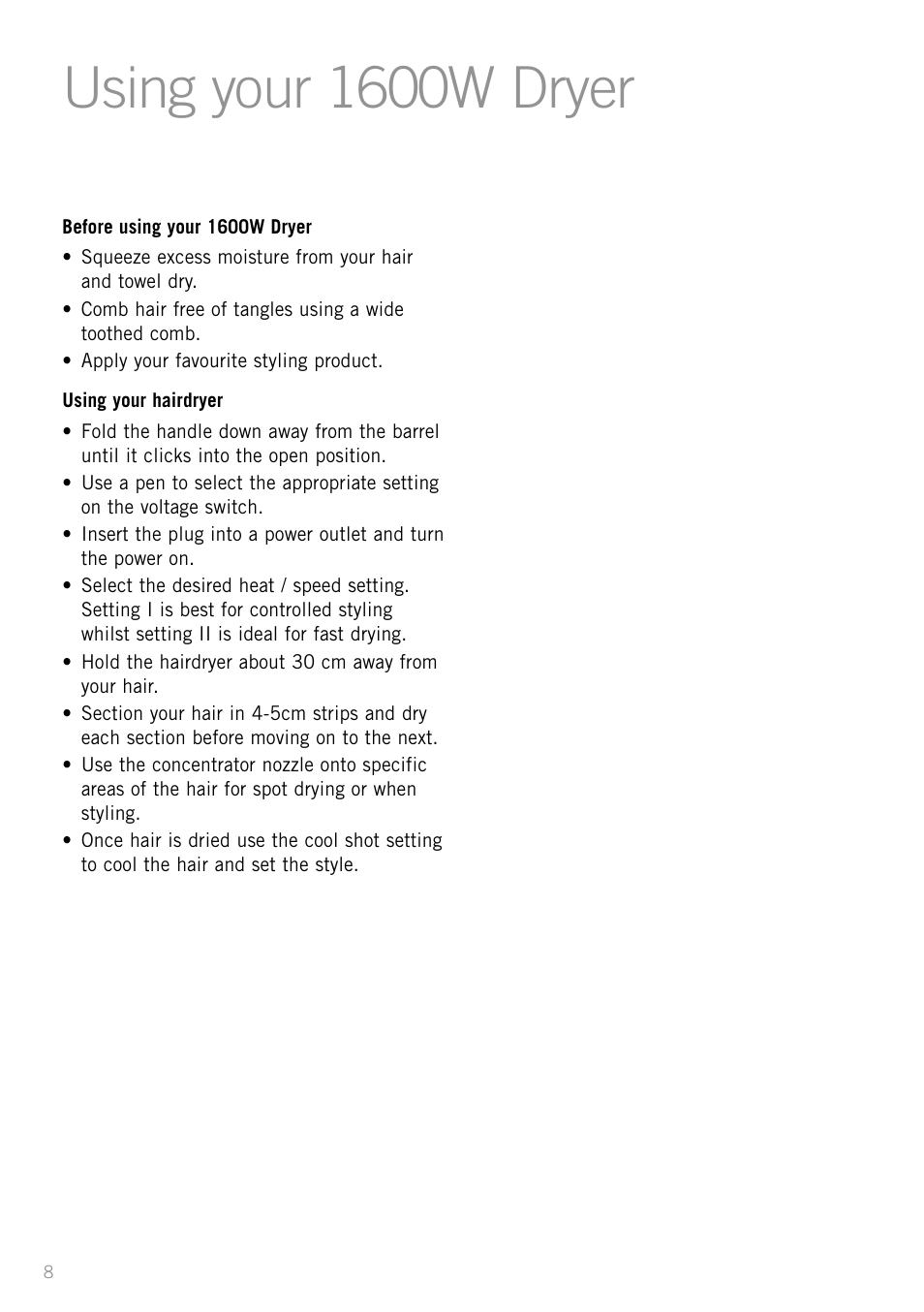 Using your 1600w dryer | Sunbeam PU4800 User Manual | Page 8 / 12