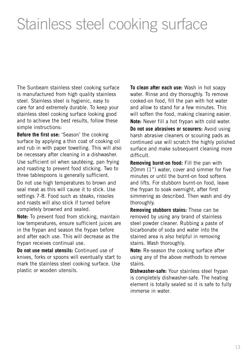 Stainless steel cooking surface | Sunbeam FP8910 User Manual | Page 15 / 34