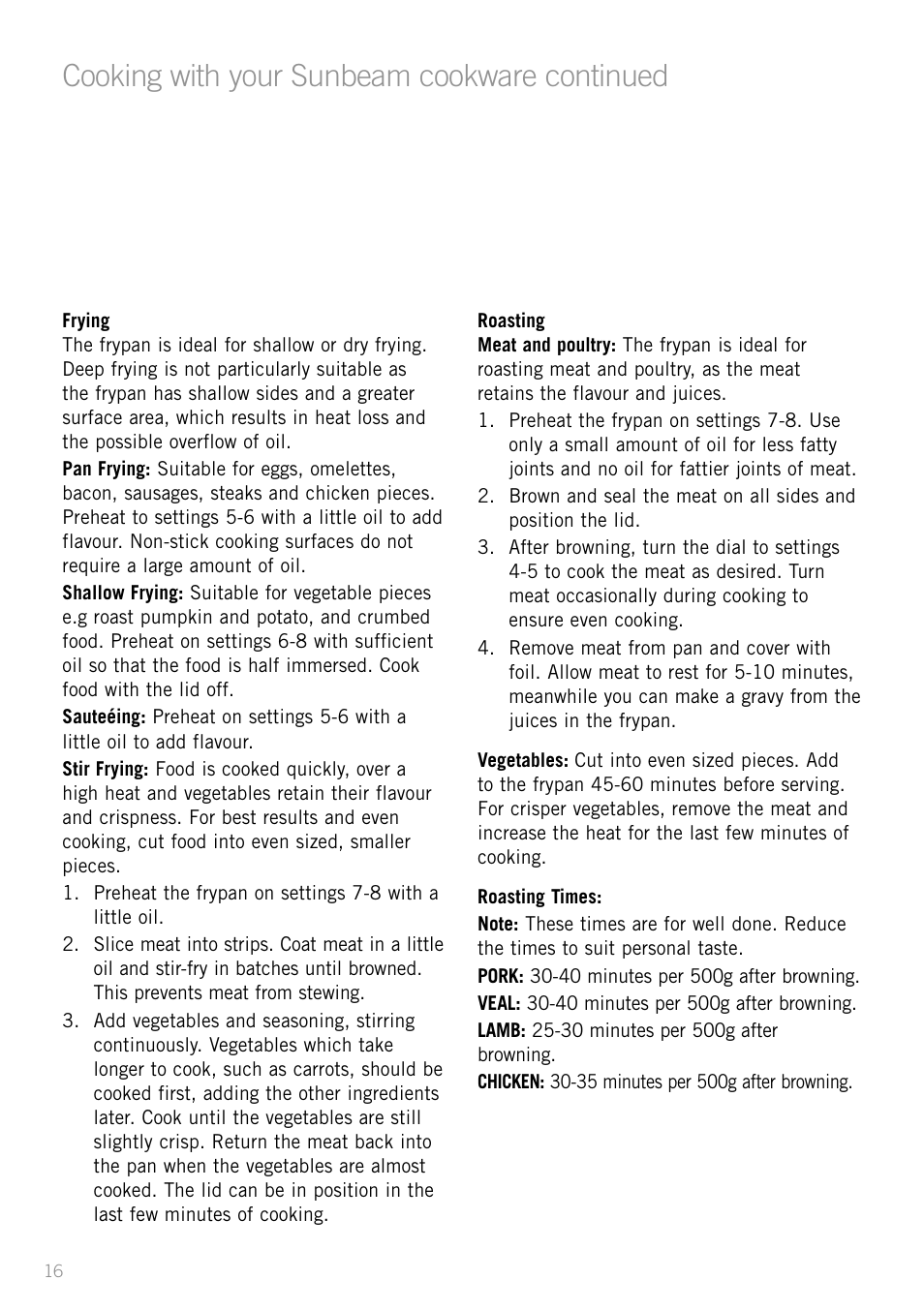 Heading, Cooking with your sunbeam cookware continued | Sunbeam FP8910 User Manual | Page 18 / 34
