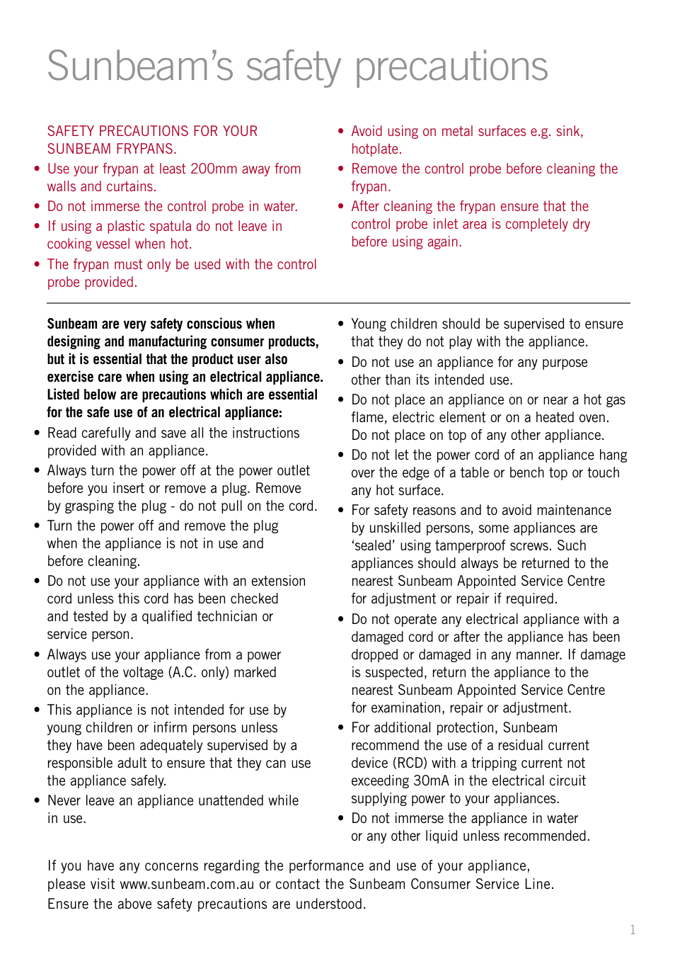 Sunbeam’s safety precautions | Sunbeam FP8910 User Manual | Page 3 / 34