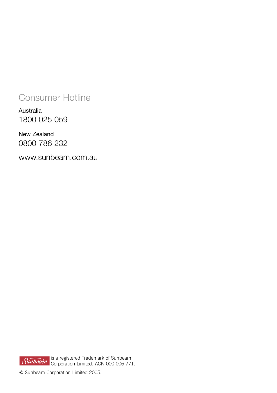Consumer hotline | Sunbeam FP8910 User Manual | Page 34 / 34