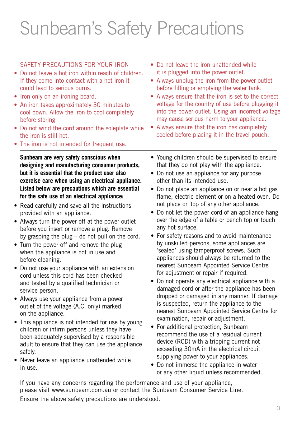 Sunbeam’s safety precautions | Sunbeam SR2300 User Manual | Page 3 / 8