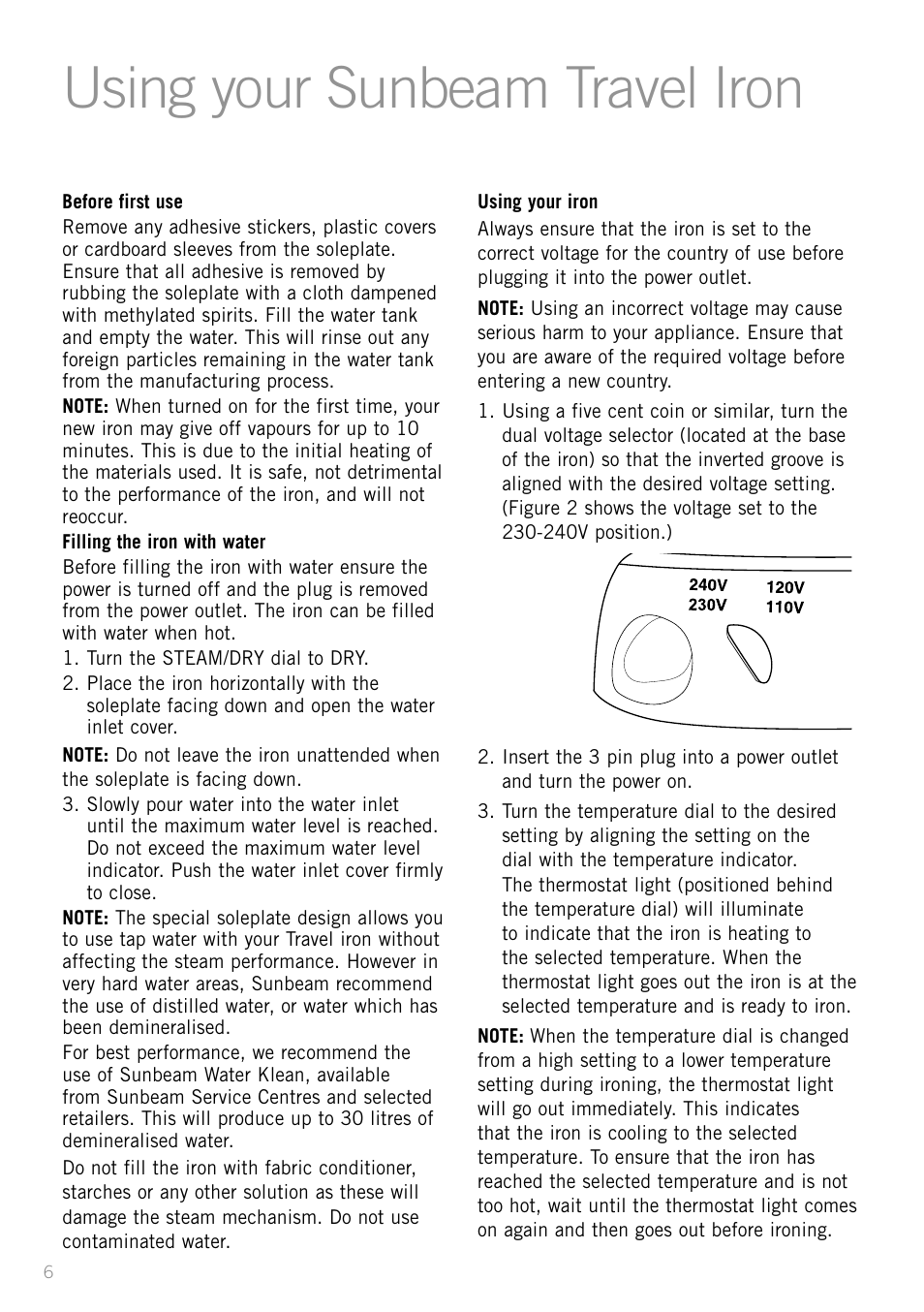 Using your sunbeam travel iron | Sunbeam SR2300 User Manual | Page 6 / 8