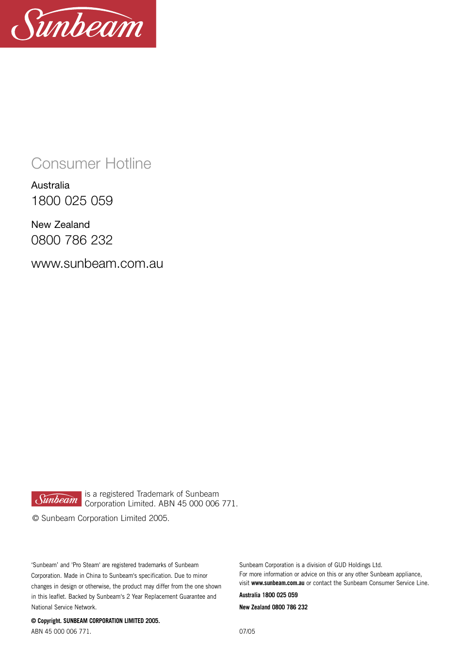 Consumer hotline, Australia, New zealand | Sunbeam SR2300 User Manual | Page 8 / 8