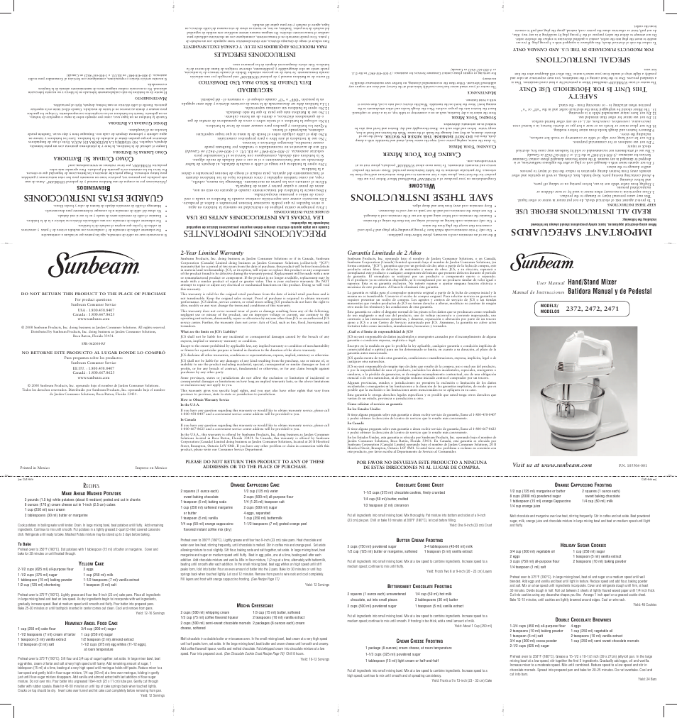 Sunbeam 2472 User Manual | 2 pages