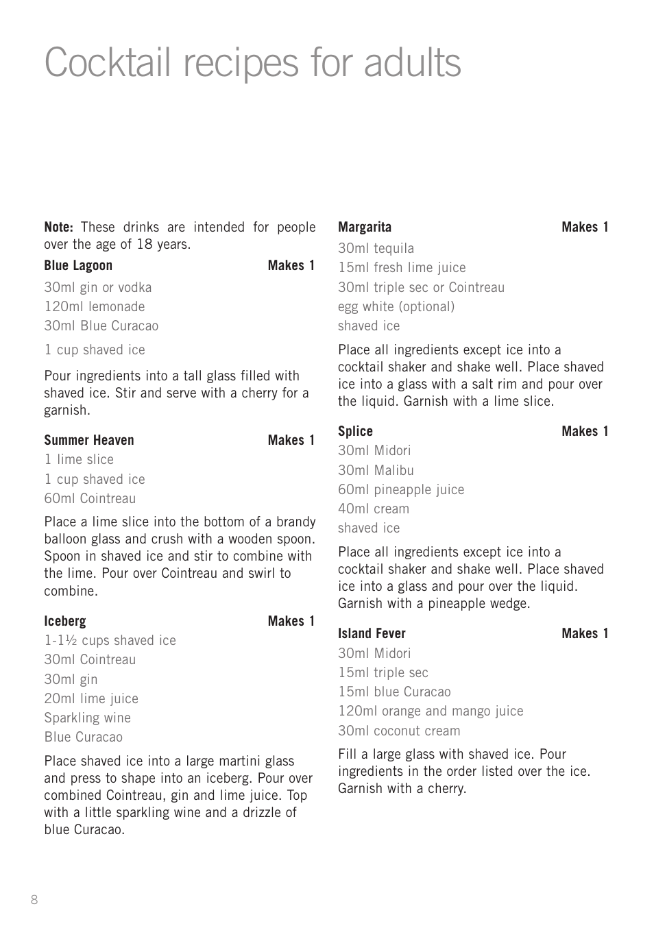 Cocktail recipes for adults | Sunbeam IS6800 User Manual | Page 10 / 12