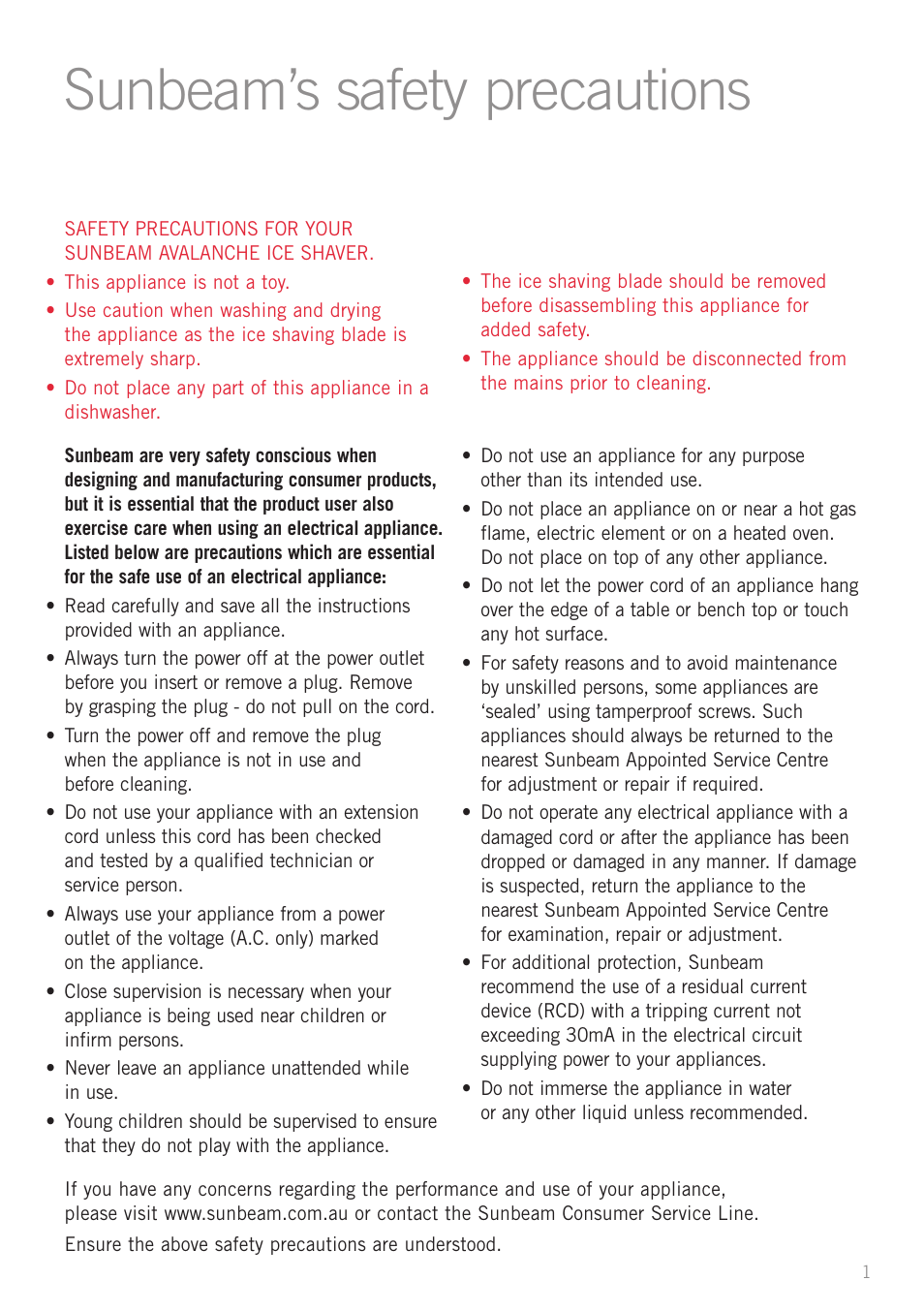Sunbeam’s safety precautions | Sunbeam IS6800 User Manual | Page 3 / 12