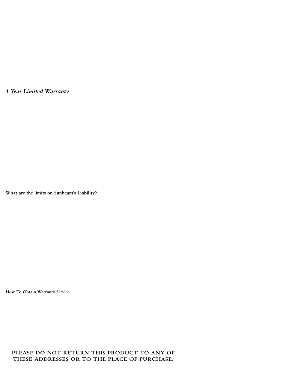 1 year limited warranty | Sunbeam 3964 User Manual | Page 10 / 20