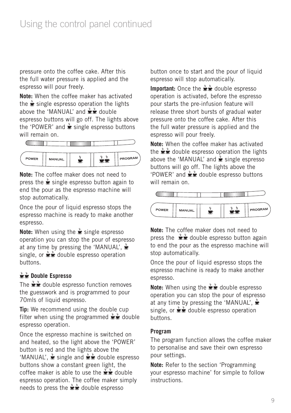 Using the control panel continued | Sunbeam EM8900 User Manual | Page 10 / 34