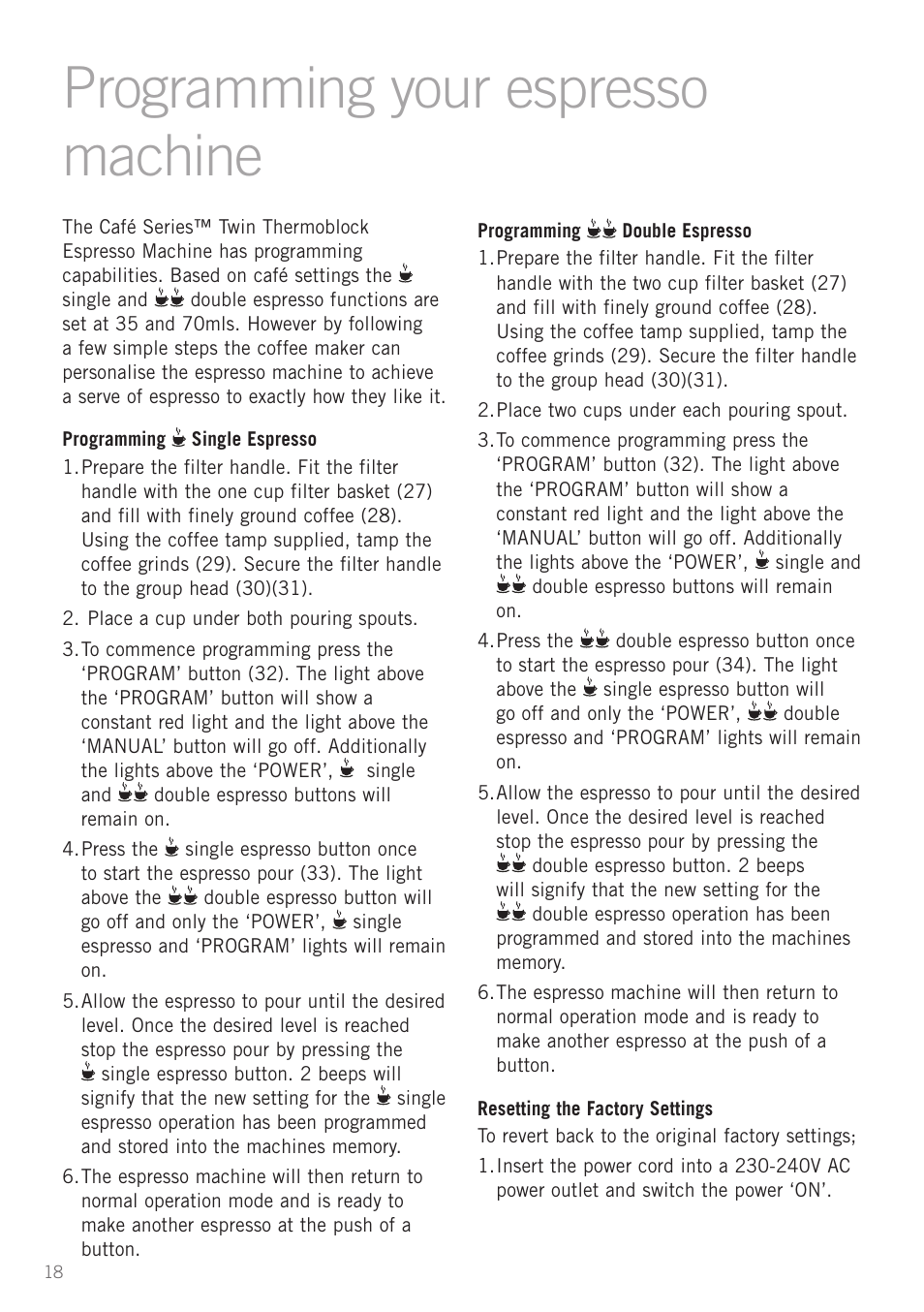Heading programming your espresso machine | Sunbeam EM8900 User Manual | Page 19 / 34