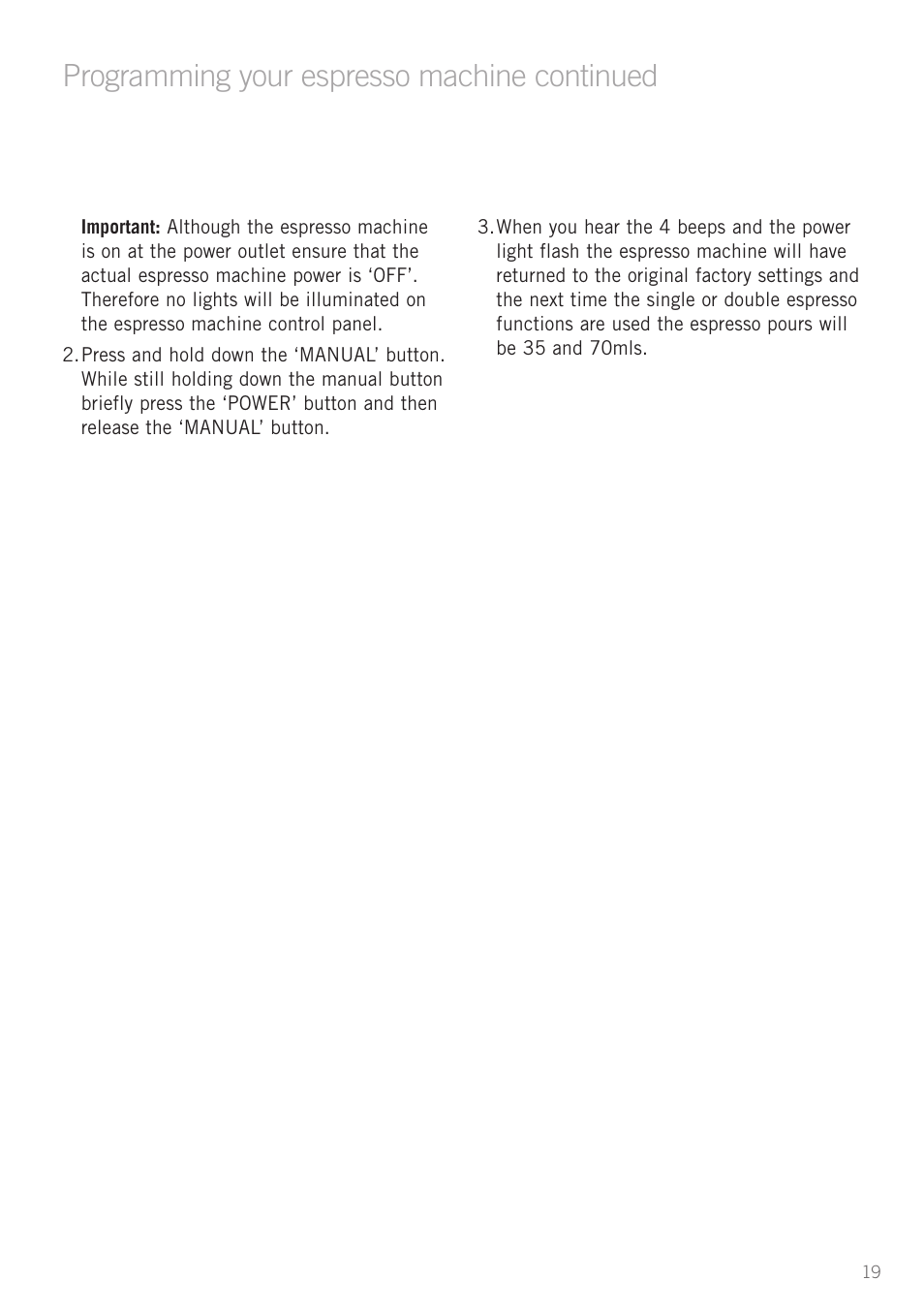 Heading, Programming your espresso machine continued | Sunbeam EM8900 User Manual | Page 20 / 34