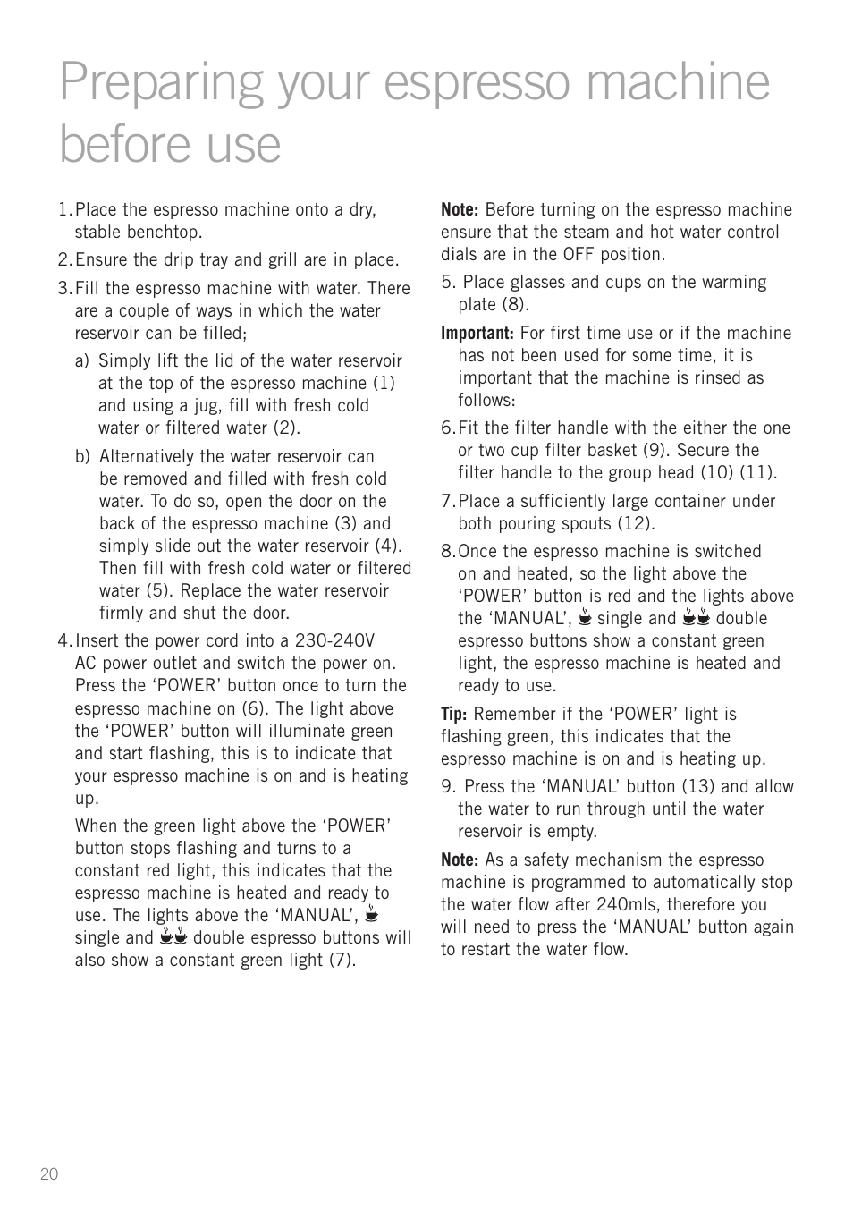 Heading preparing your espresso machine before use | Sunbeam EM8900 User Manual | Page 21 / 34