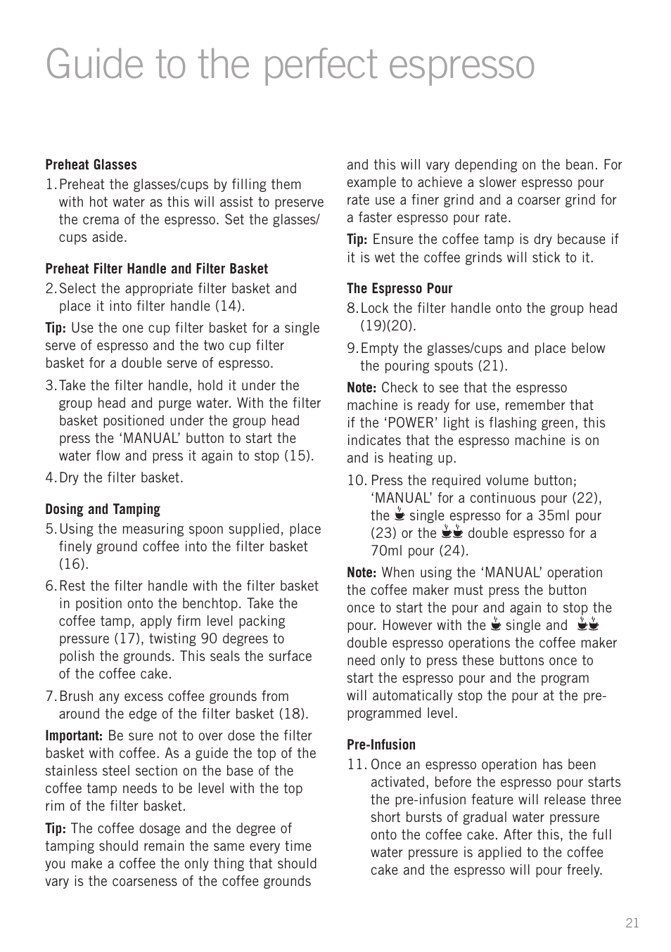 Heading, Guide to the perfect espresso | Sunbeam EM8900 User Manual | Page 22 / 34