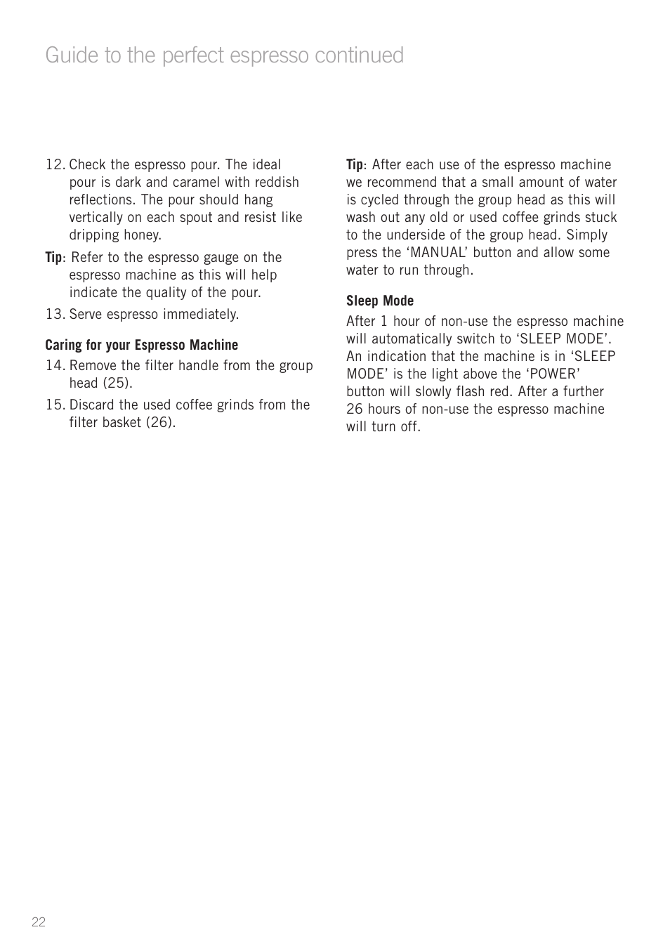 Heading, Guide to the perfect espresso continued | Sunbeam EM8900 User Manual | Page 23 / 34