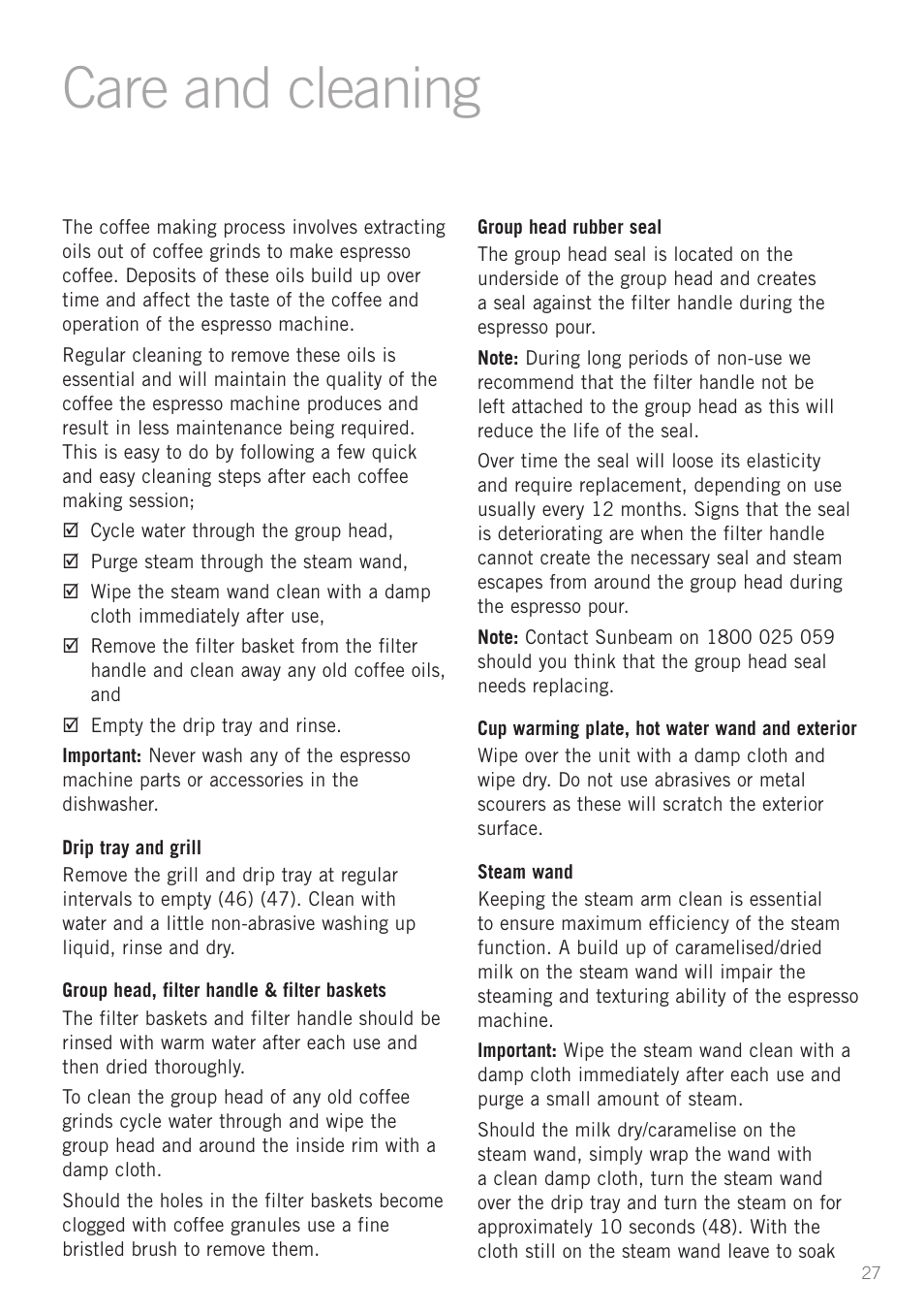 Care and cleaning | Sunbeam EM8900 User Manual | Page 28 / 34