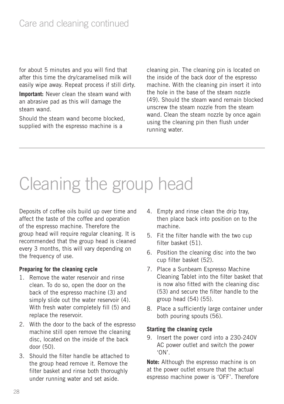 Cleaning the group head, Care and cleaning continued | Sunbeam EM8900 User Manual | Page 29 / 34