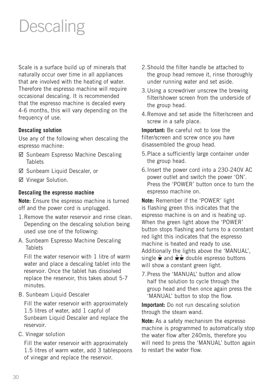 Descaling | Sunbeam EM8900 User Manual | Page 31 / 34