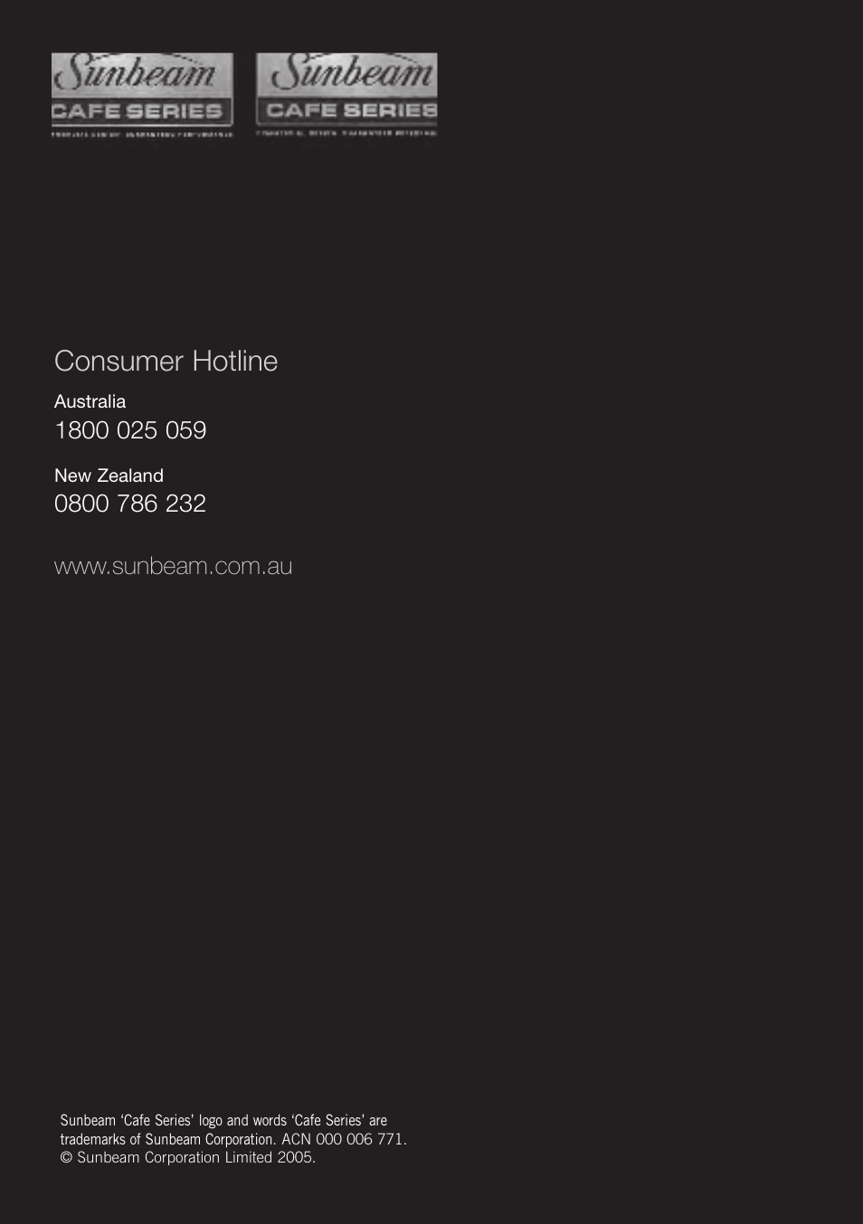 Consumer hotline | Sunbeam EM8900 User Manual | Page 34 / 34
