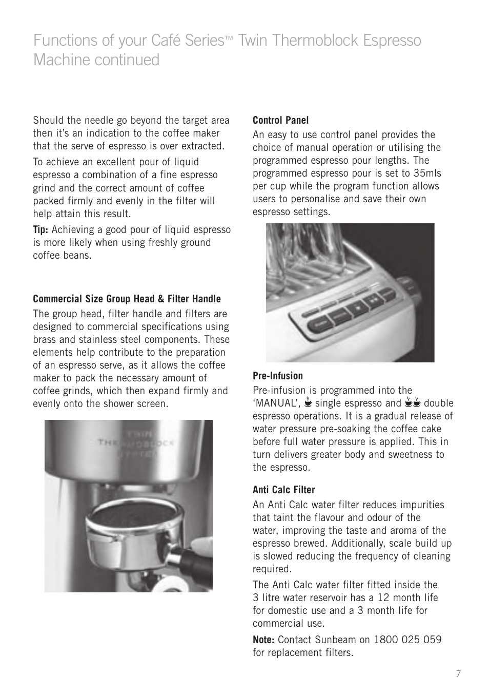 Functions of your café series, Twin thermoblock espresso machine continued | Sunbeam EM8900 User Manual | Page 8 / 34