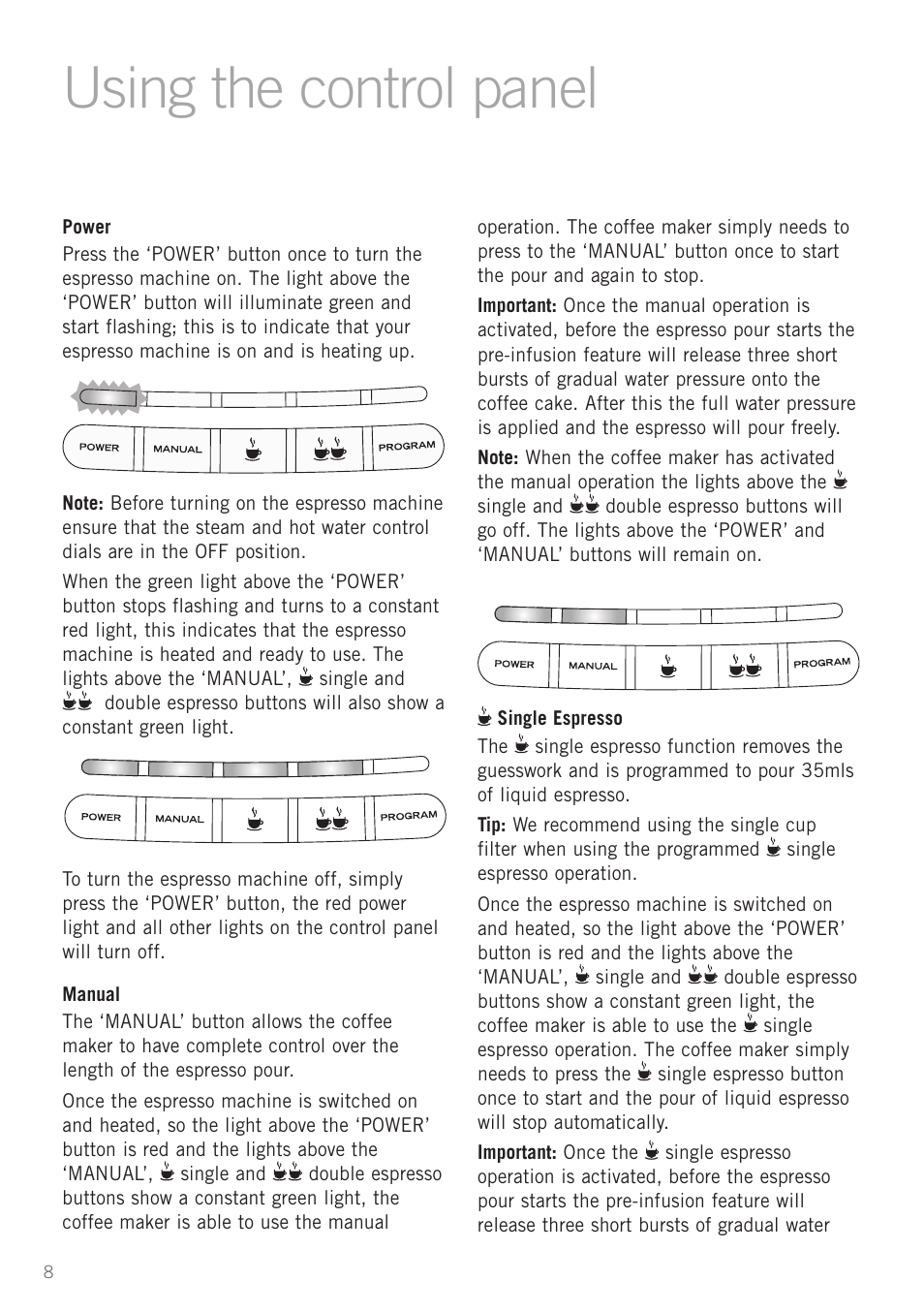 Using the control panel | Sunbeam EM8900 User Manual | Page 9 / 34