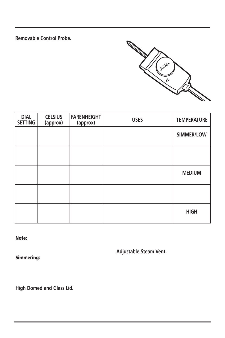 Features of your sunbeam frypan, Removable control probe, High domed and glass lid | Adjustable steam vent, Simmer/low medium high | Sunbeam FP6710 User Manual | Page 10 / 29