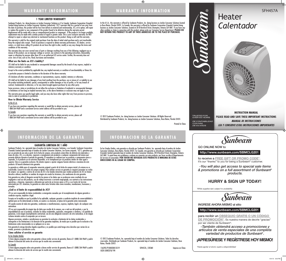 Sunbeam HEATER sfh457a User Manual | 2 pages