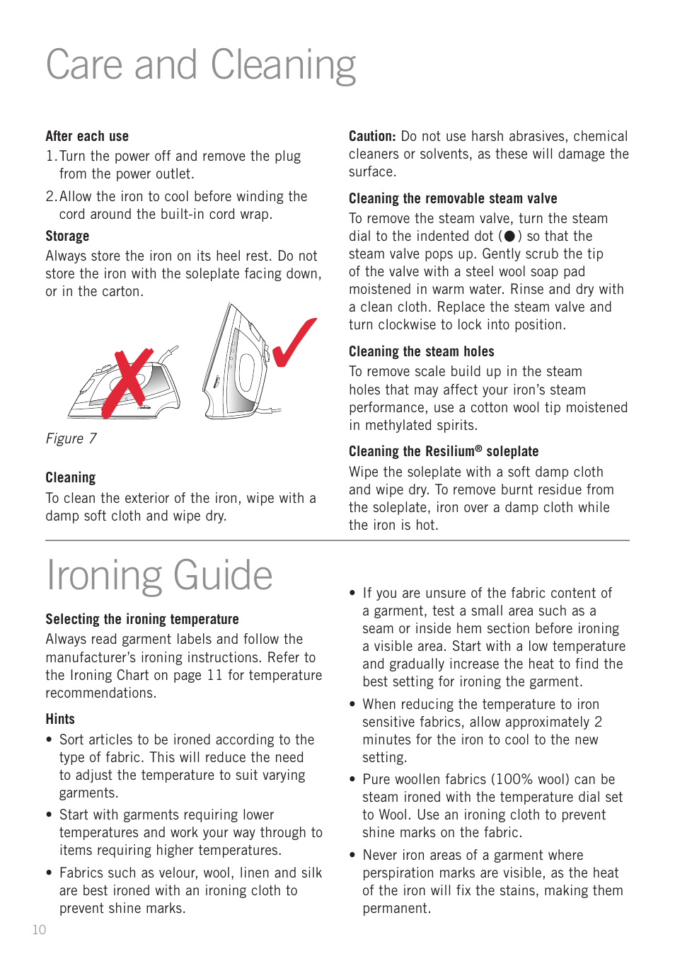 Care and cleaning, Ironing guide | Sunbeam SR6900 User Manual | Page 10 / 12