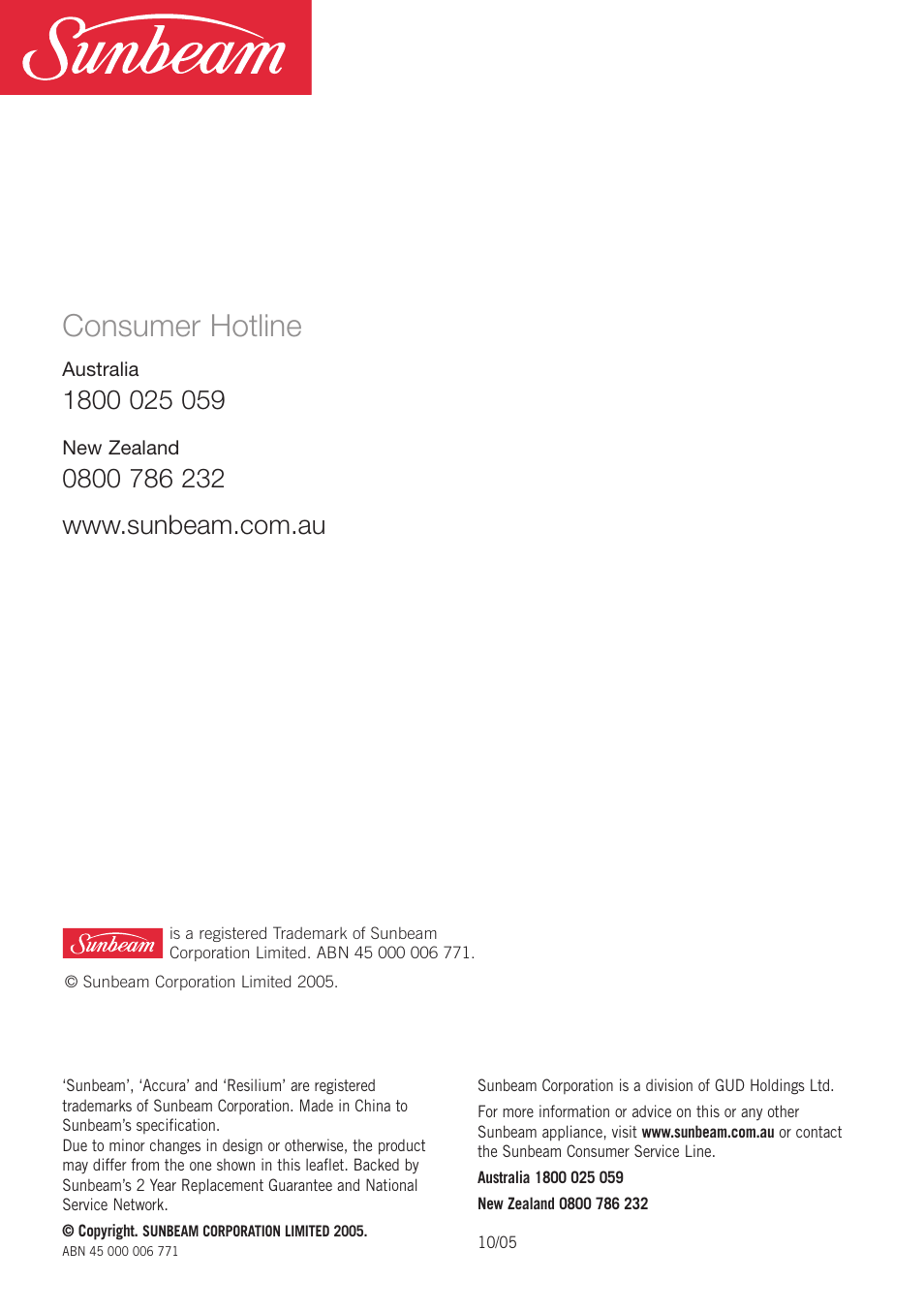 Consumer hotline | Sunbeam SR6900 User Manual | Page 12 / 12