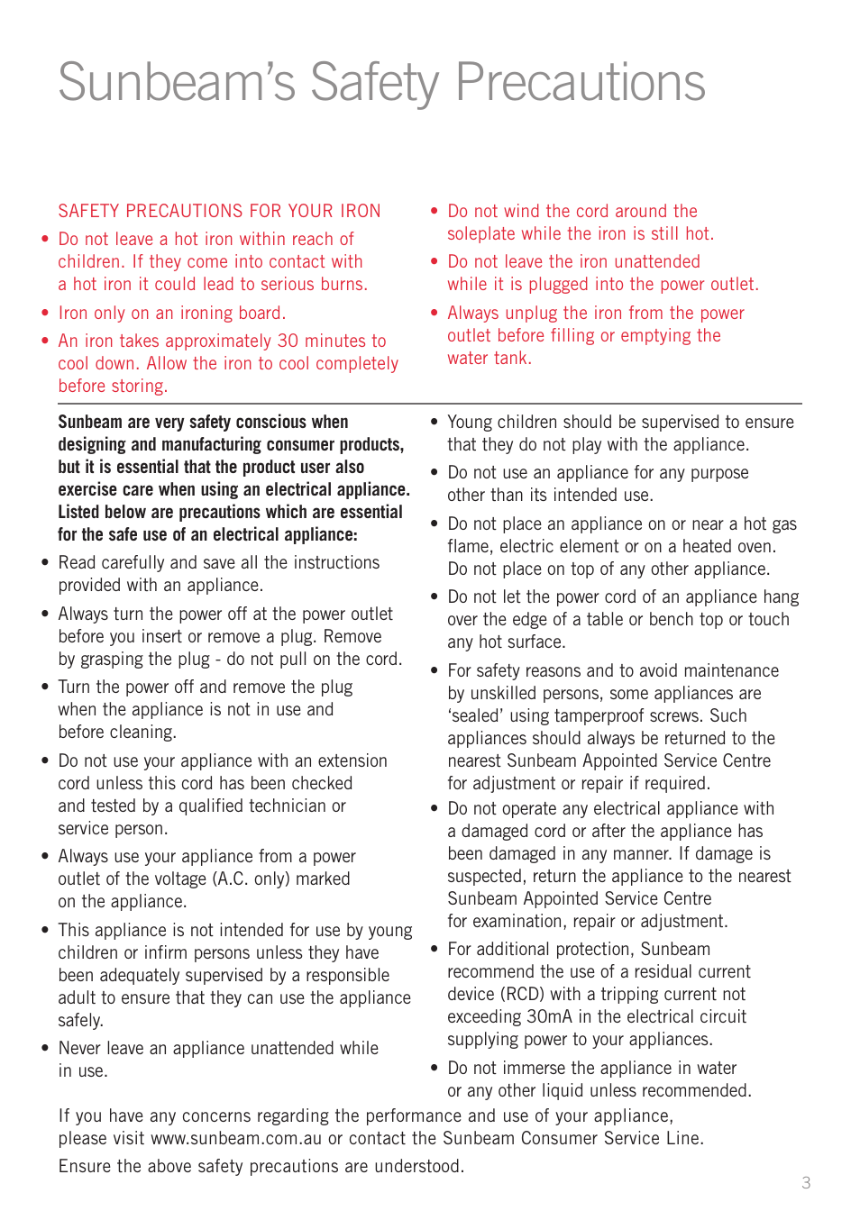 Sunbeam’s safety precautions | Sunbeam SR6900 User Manual | Page 3 / 12