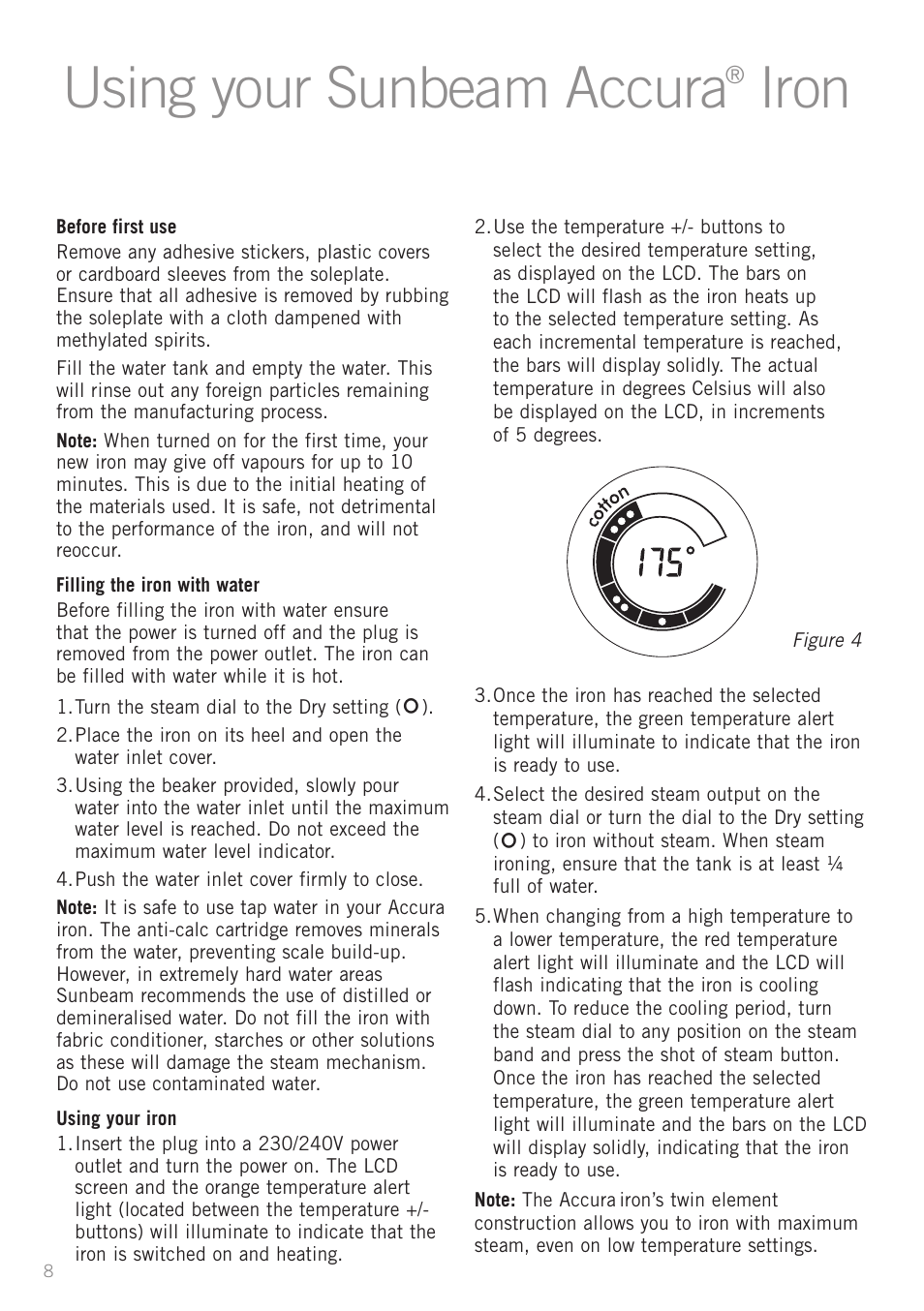 Using your sunbeam accura, Iron | Sunbeam SR6900 User Manual | Page 8 / 12