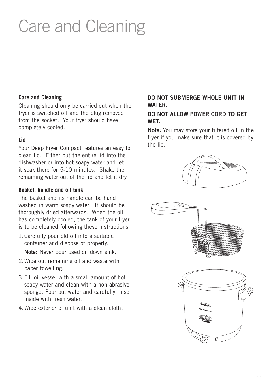 Care and cleaning | Sunbeam DF2100 User Manual | Page 11 / 24