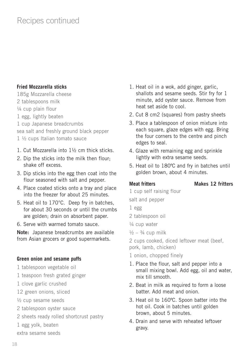 Heading, Recipes continued | Sunbeam DF2100 User Manual | Page 18 / 24