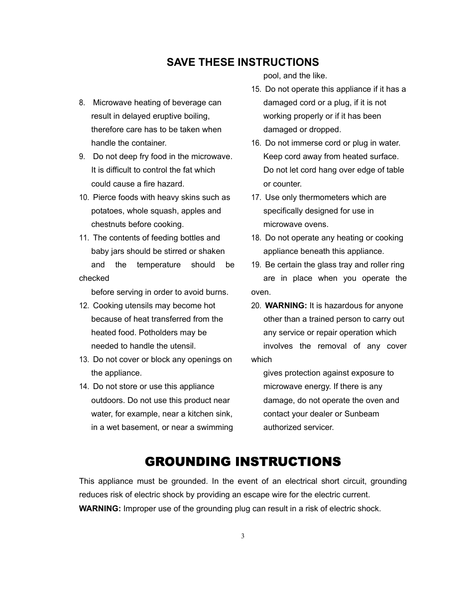 Grounding instructions, Save these instructions | Sunbeam SMW978 User Manual | Page 4 / 16