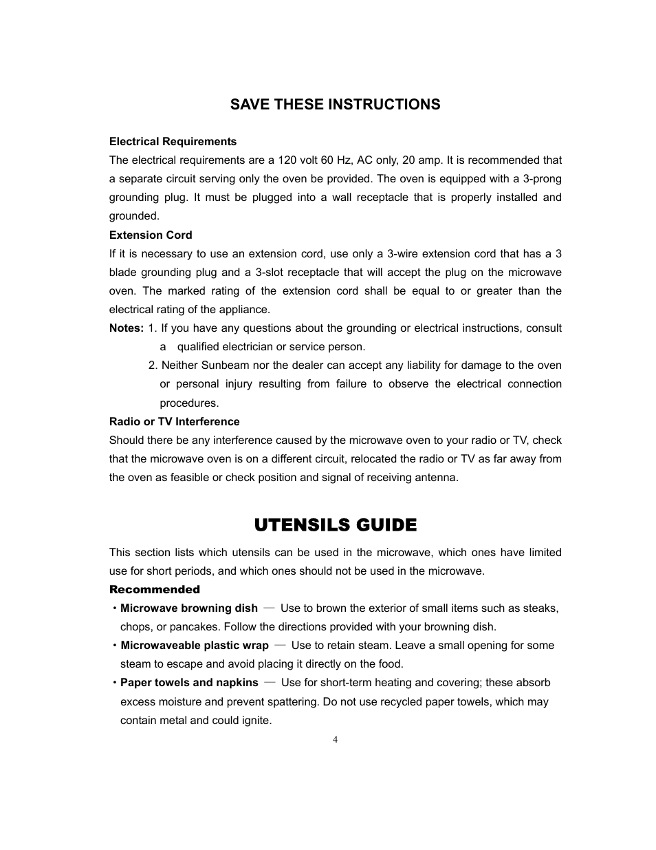 Utensils guide, Save these instructions | Sunbeam SMW978 User Manual | Page 5 / 16