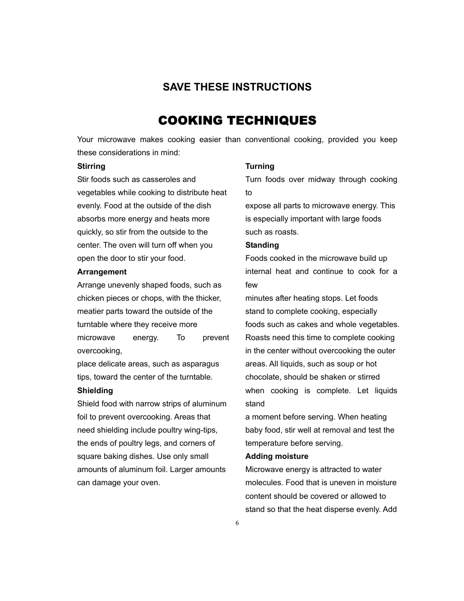 Cooking techniques, Save these instructions | Sunbeam SMW978 User Manual | Page 7 / 16