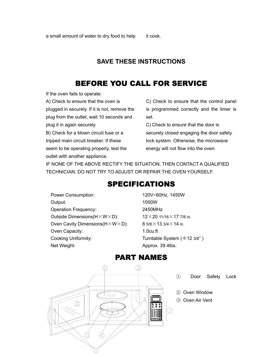 Before you call for service, Specifications, Part names | Save these instructions | Sunbeam SMW978 User Manual | Page 8 / 16