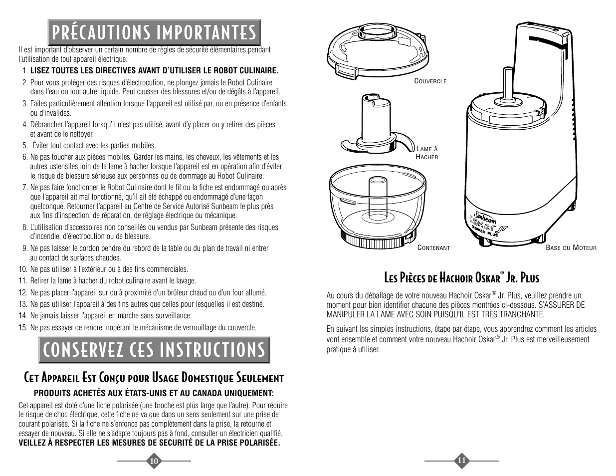 Les pièces de hachoir oskar, Jr. plus | Sunbeam 4816-8 User Manual | Page 10 / 36