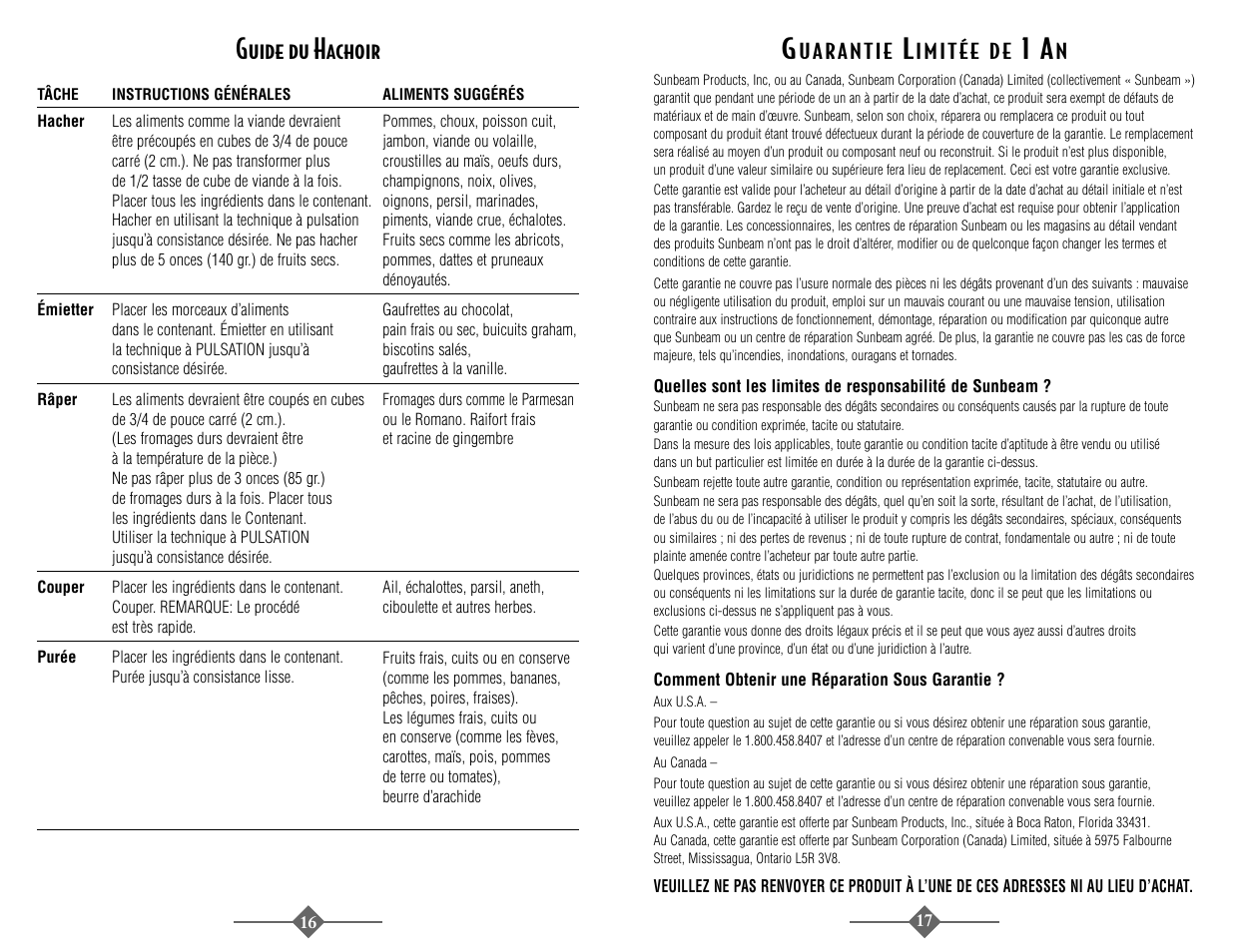 Guide du hachoir | Sunbeam 4816-8 User Manual | Page 17 / 36