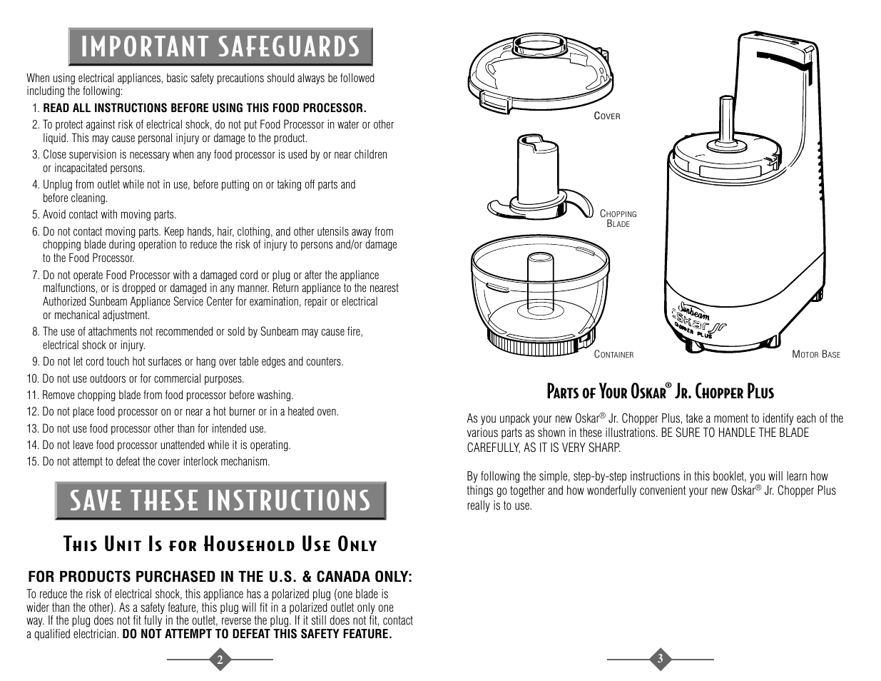 Important sa feguards save these instruc tions, Parts of your oskar, Jr. chopper plus | Sunbeam 4816-8 User Manual | Page 2 / 36