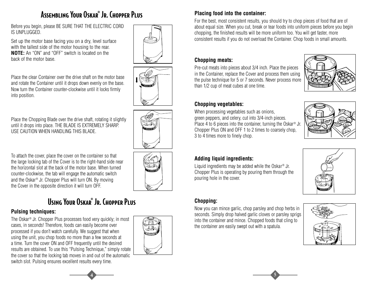 Assembling your oskar, Jr. chopper plus, Using your oskar | Sunbeam 4816-8 User Manual | Page 5 / 36