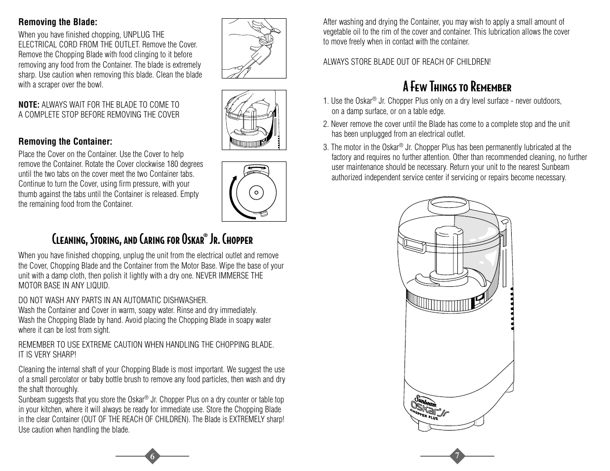 Cleaning, storing, and caring for oskar, Jr. chopper, A few things to remember | Sunbeam 4816-8 User Manual | Page 7 / 36