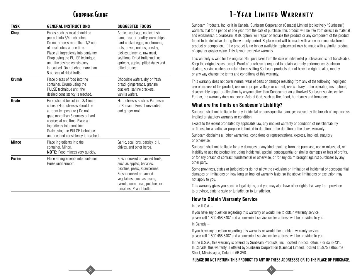 Chopping guide, E a r | Sunbeam 4816-8 User Manual | Page 9 / 36