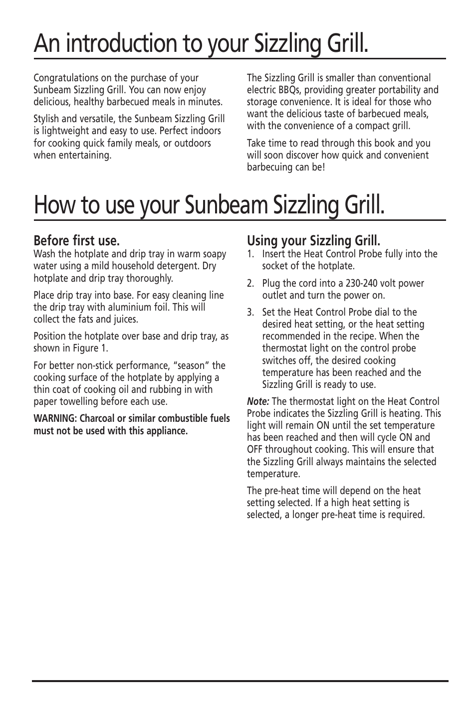 An introduction to your sizzling grill, How to use your sunbeam sizzling grill | Sunbeam HG2300 User Manual | Page 4 / 13