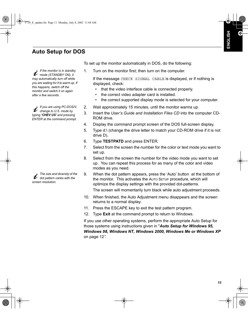 Auto setup for dos | Sunbeam FP7820 User Manual | Page 13 / 31